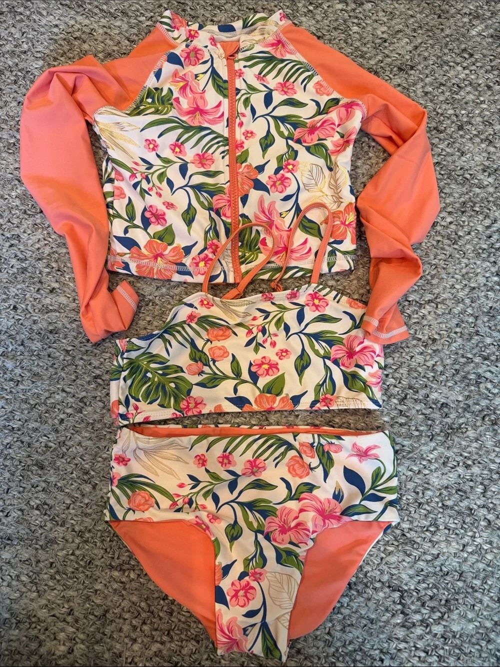 Like New - C&C California Tropical Floral 3-Piece Girls Swim Set, Size 9-10